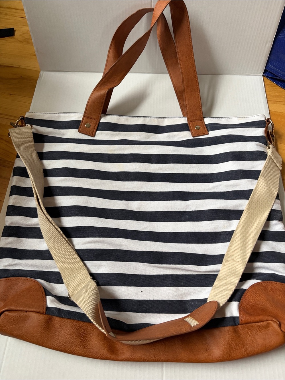 Merona Navy & White Striped Canvas Tote with Brown Trim and Beige Strap